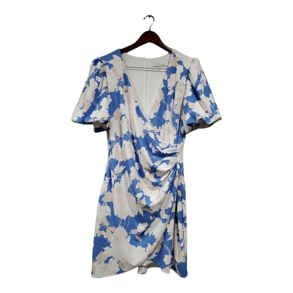 Julia Jordan Women's Floral Print Puff Sleeve Faux Wrap Dress In Blue Size 14 - Picture 2 of 15